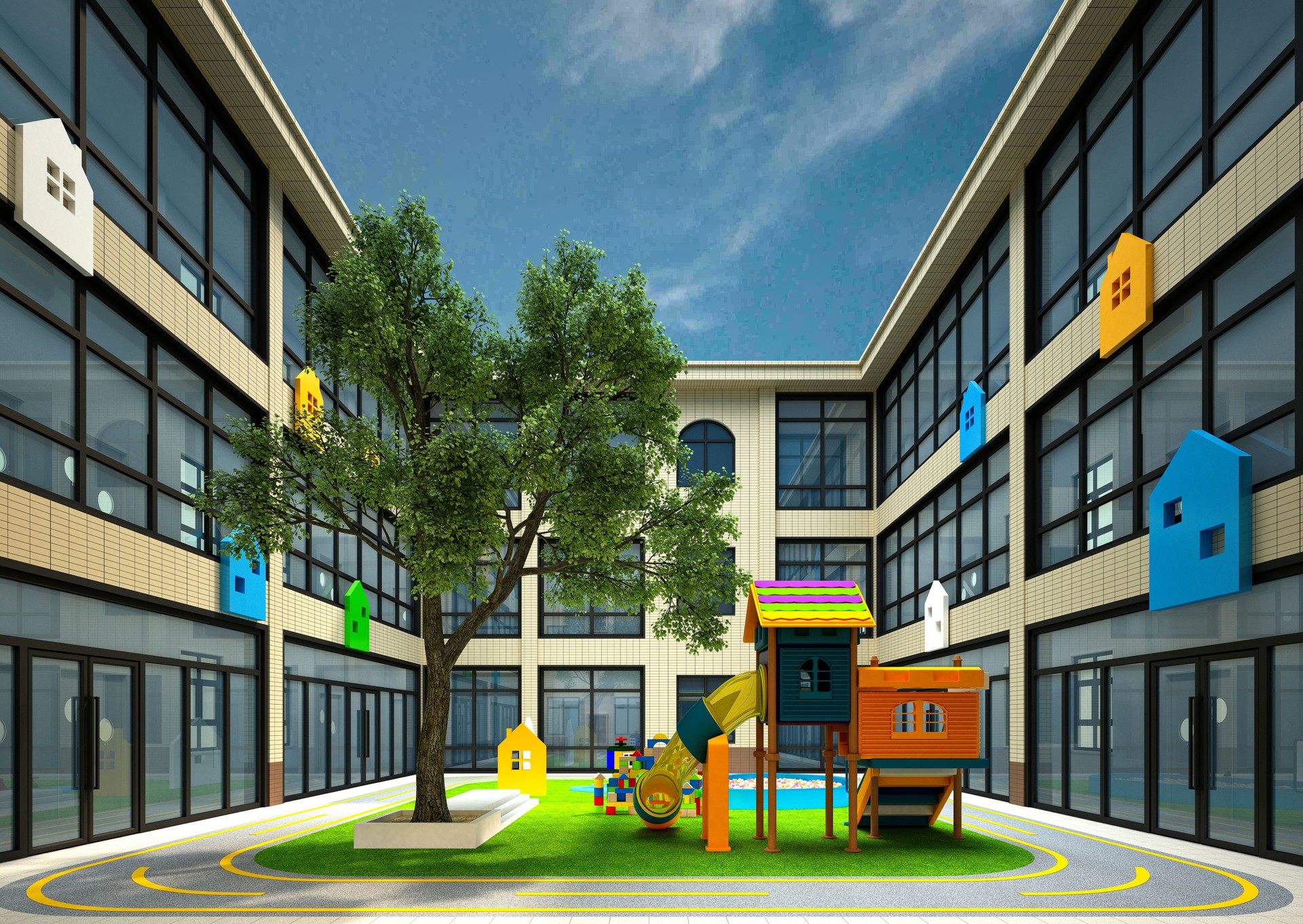 School building exterior, 3d rendering.