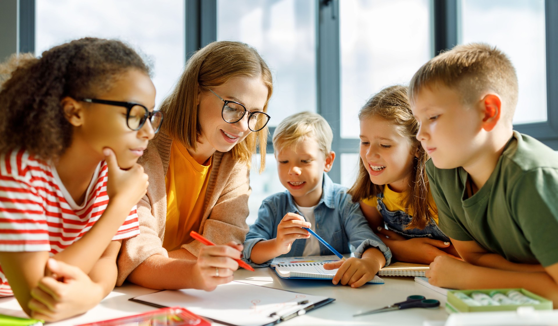 Teacher and students on lesson together